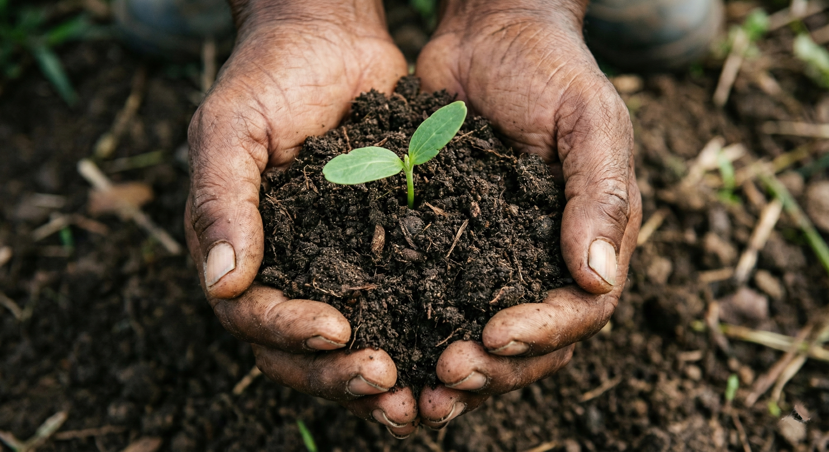 Hands holding soil with compost